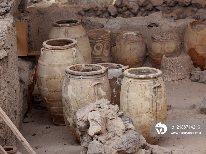 Recovered ancient pottery in prehistoric town of Akrotiri, excavation site of a Minoan Bronze Age settlement on the Greek island of Santorini