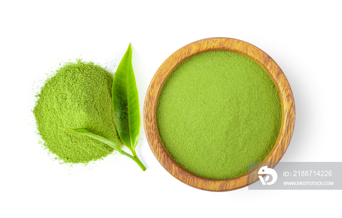 powdered matcha green tea in bowl isolated on white background. top view