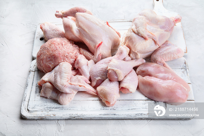 Different types of raw chicken meat