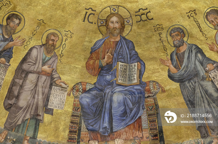 The icon on the dome with the image of Jesus Christ and the Apostles on a gold background in the basilica of Saint Paul Outside the Walls, Rome, Italy