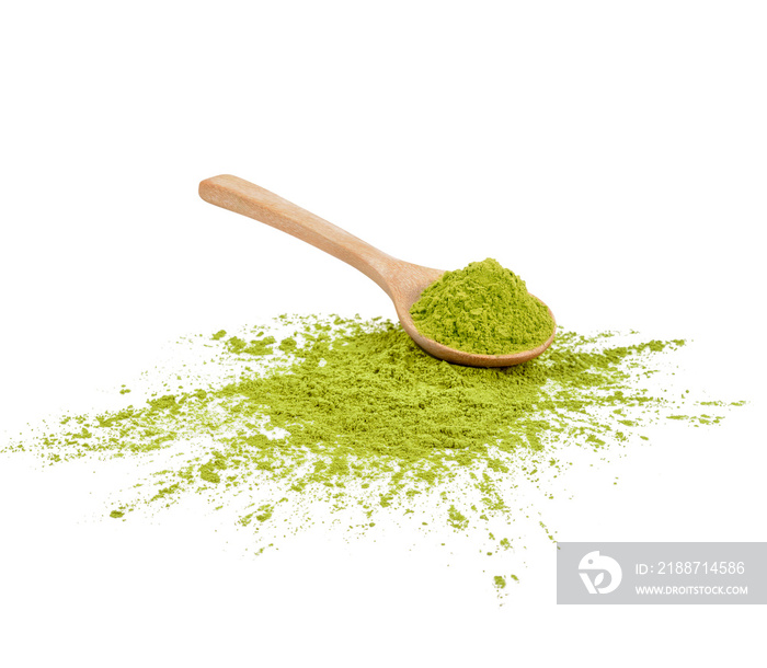Green matcha powder in a spoonisolated on white background