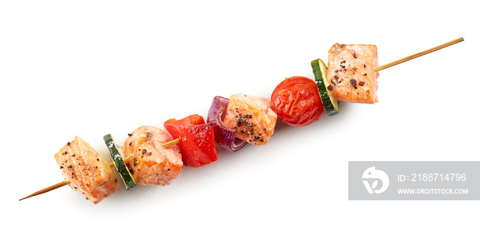 grilled salmon and vegetable skewer