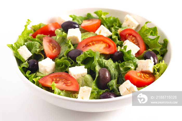 Greek Salad with Olives Tomatos and Feta Cheese Isolated on a White Background