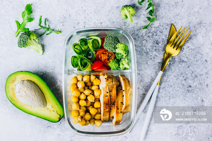 Healthy meal prep containers chicken and fresh vegetables.