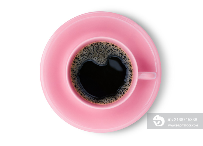 Closeup pink ceramic cup of black coffee isolated on white background with clipping path. Top view. Flat lay.