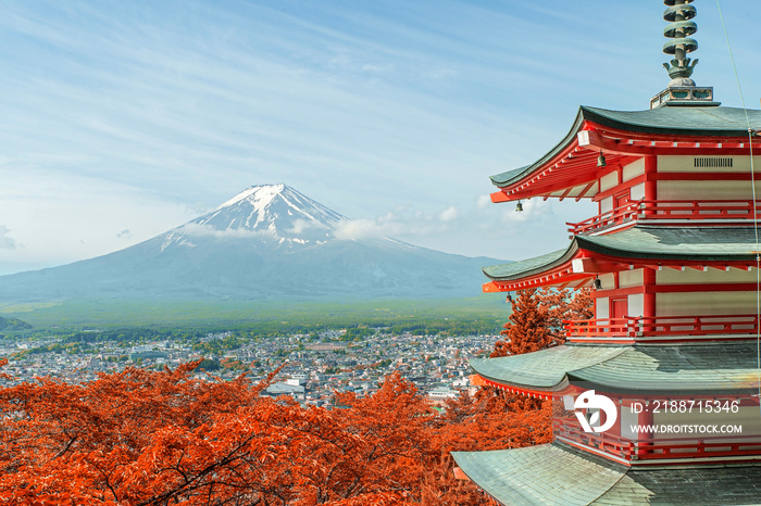 Mt. Fuji with fall colors in Japan.