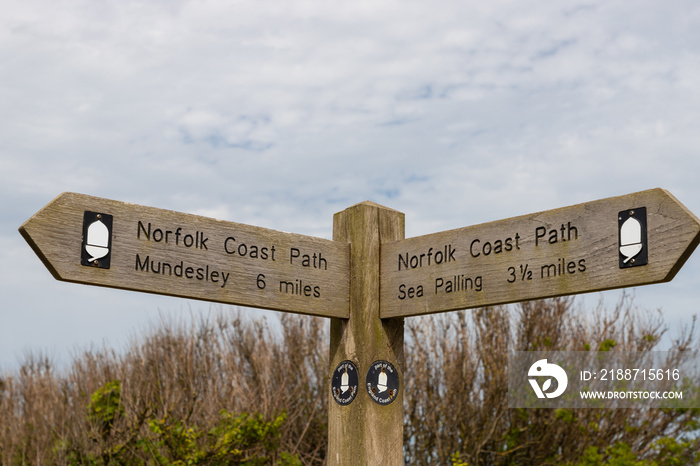 Norfolk Coast Path sign post in Happisburgh, Norrth Norfolk, UK