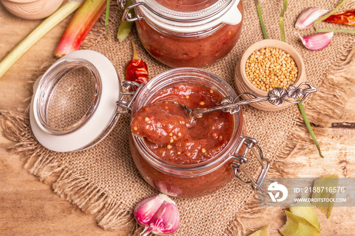 Chutney from rhubarb. Set of ingredients and spices for cooking