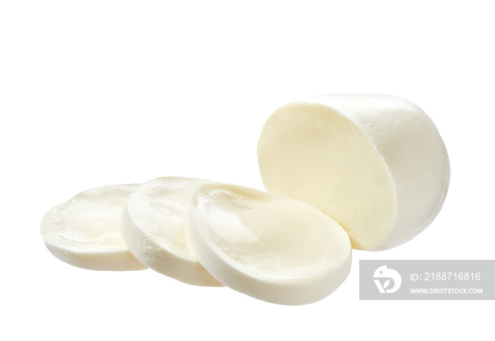 Mozzarella cheese sliced isolated on white background with clipping path and full depth of field.