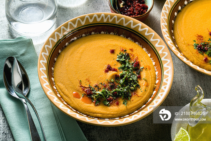 Turkish red lentil soup in national plates on a stone table. shot from above