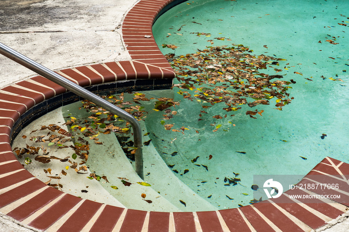 Dirty pool sits unattended covered in leaves