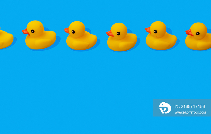 yellow rubber ducks in a row spaced out on blue background with copy space