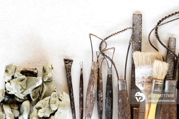 Sculpture tools set background. Art and craft tools on a white background.