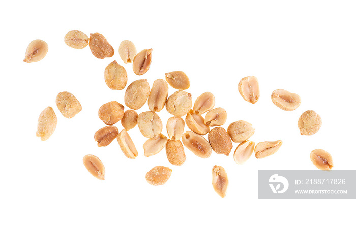 Top view of roasted salted peanuts isolated on a white background