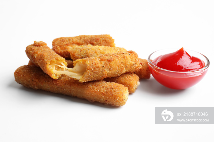 Fried cheese sticks and bowl with tomato sauce on white background