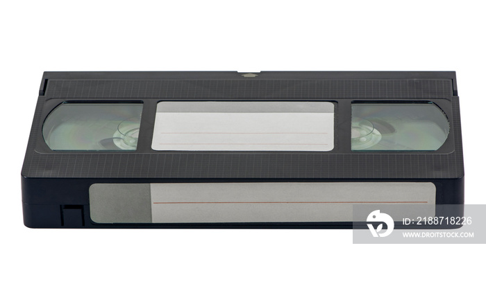 VHS video tape isolated on white background. Video cassette with blank sticker. Old popular video technology from 1980s and 1990s.