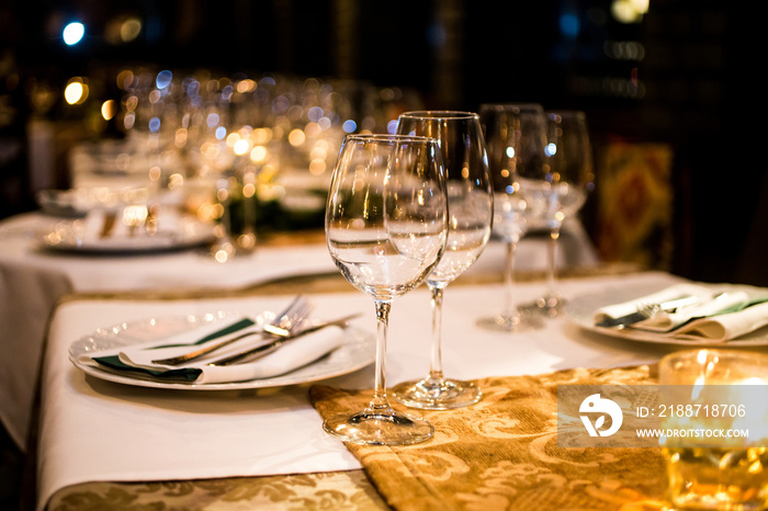 Served dinner table. Restaurant interior