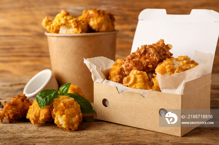 Paper box and bucket with popcorn chicken on wooden background, closeup