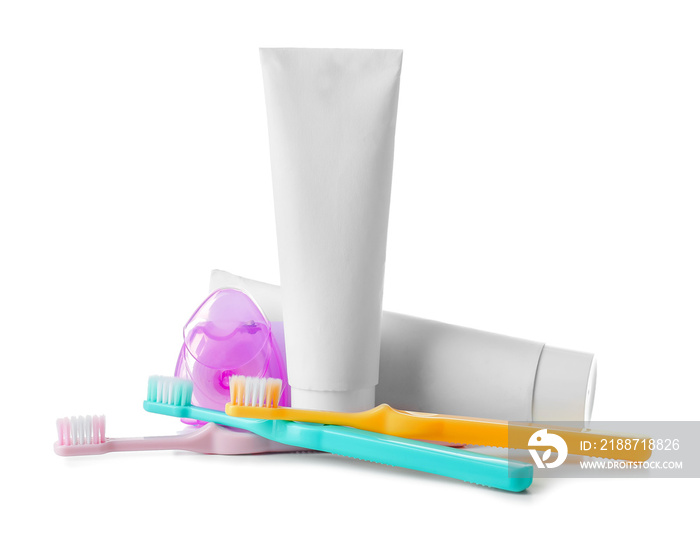 Set for oral hygiene on white background