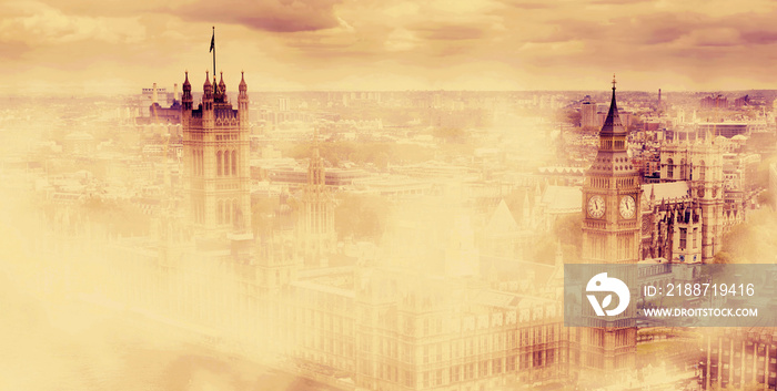 Big Ben, the Palace of Westminster in morning fog. London, UK.