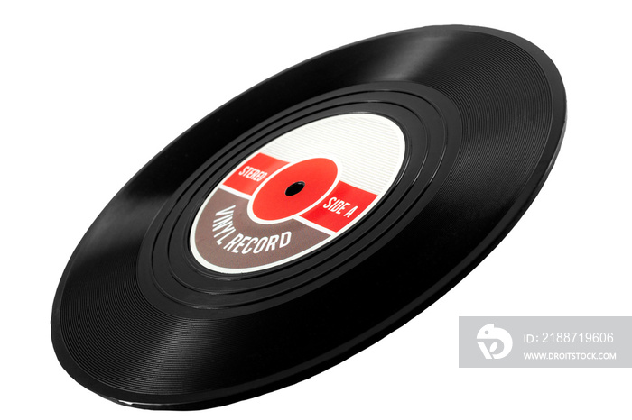 Obsolete sound recording technology, retro analogue medium and nostalgia concept with a tilted vinyl record isolated on white background leaning on its axis with a clip path cutout