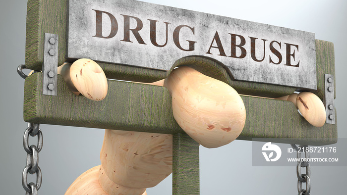 Drug abuse that affect and destroy human life - symbolized by a figure in pillory to show Drug abuse’s effect and how bad, limiting and negative impact it has, 3d illustration