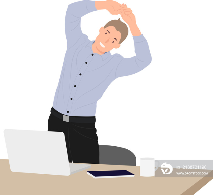 Cartoon daily life people male character man taking a break and stretching by office desk