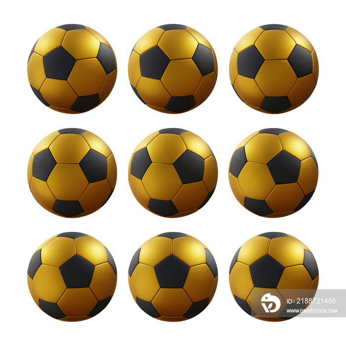 3d rendering sequential gold and black soccer ball rotating perspective view