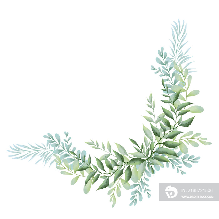 Freash Green Leaves Wreath Watercolor Illustration.