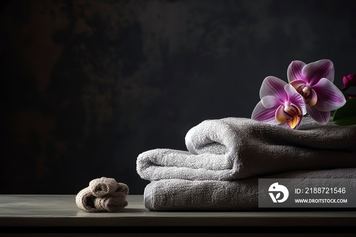 Composition with towels, flowers and stones on massage table in spa salon.