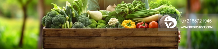 Hands holding wooden box with vegetables