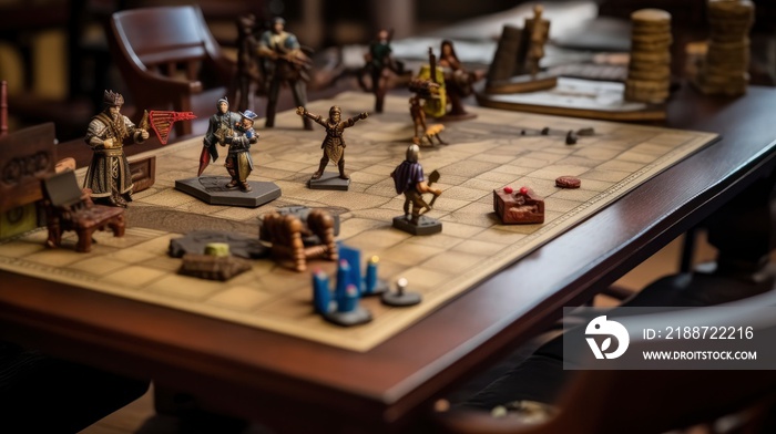 A table with a map of the game board and dice on it