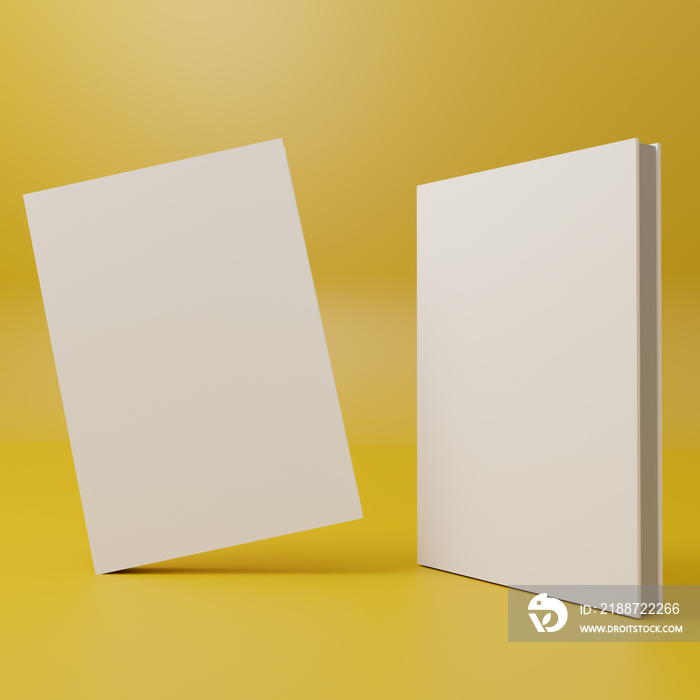 Hardcover book template, two blank books mockup standing upright slightly tilted for design purposes, 3d rendering