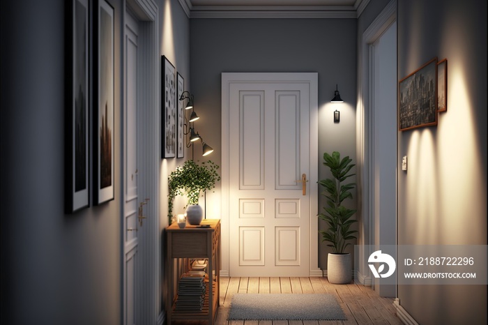 Cozy scandinavian interior style hallway with door at night with two lamps turned on, and with natural wood desk and plants