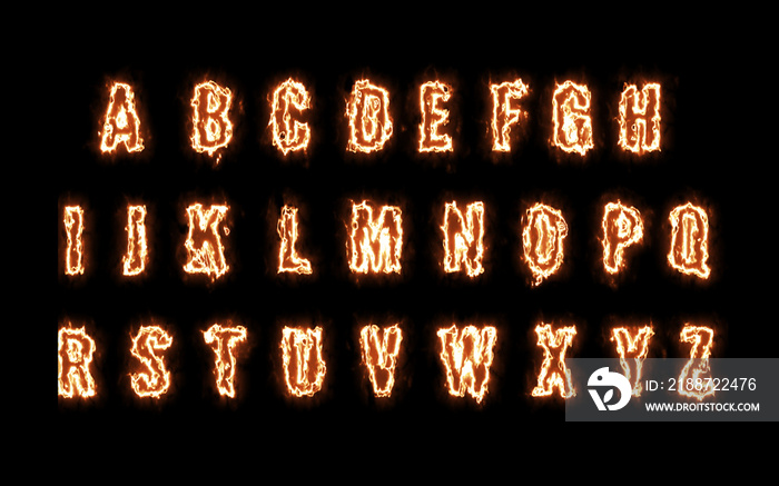 Burning Alphabets Set on black Background. All Letters with Fire Flames. Hot Text Graphic for hot Projects