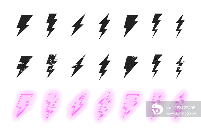 Lightning bolt vector icon set. Thunderbolt flat, grunge and neon style collection.