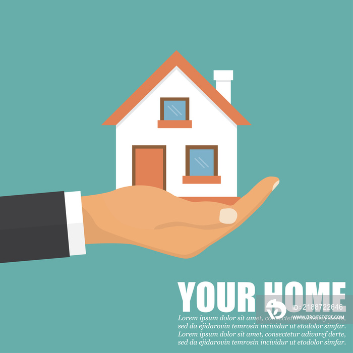 Hand agent with home in a flat design. Vector illustration