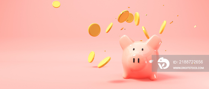 Financial theme with piggy bank and coins - clean 3d render