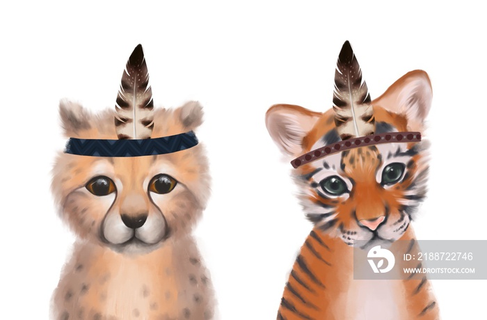 Cute animals bundle.  Hand drawn baby cheetah and tiger. Perfect for nursery rooms. Boho style, feathers on a head.