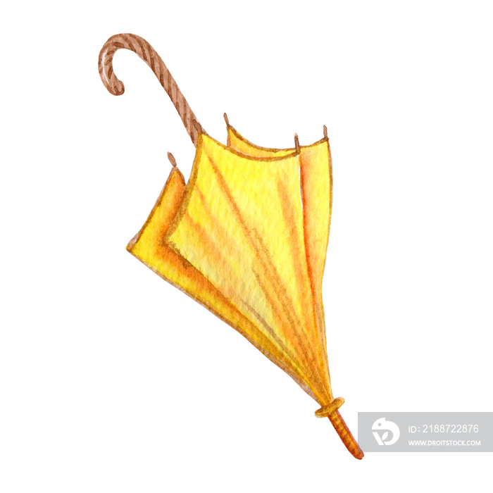 Watercolor illustration of an umbrella. Clipart subject. Wardrobe item, yellow umbrella. Drawn umbrella, autumn theme. Rainy weather.