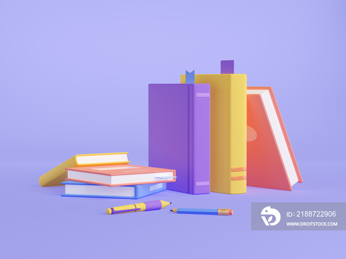 3d render books, textbook stack, pencil and pen on purple background. Colorful schoolbooks and stationery lying and standing on surface. Volumes with bookmarks, educational literature illustration