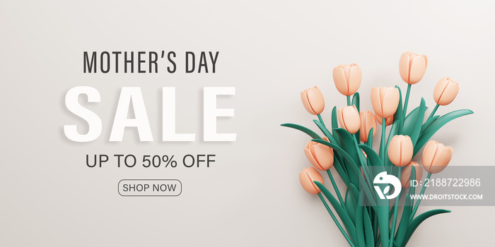 3d Rendering. Mother’s Day Sale Banner illustration. orange tulip flower on gray background.