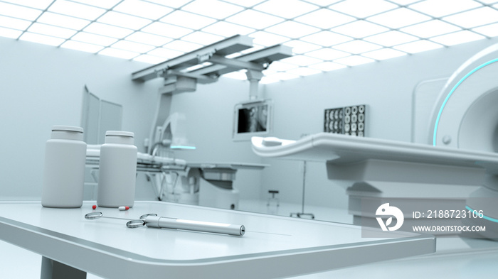 3D rendering of an MRI room under the lights - concept of modern healthcare