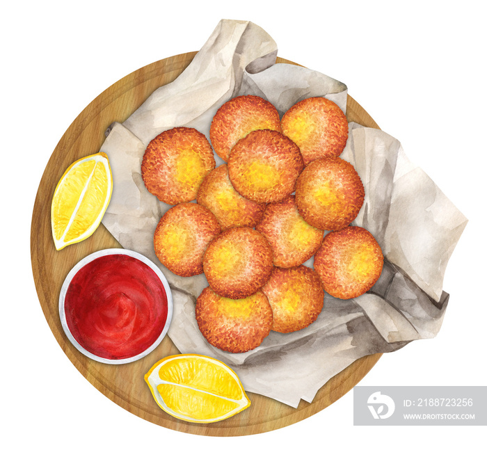 Fried potato cheese balls or croquettes watercolor