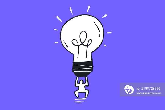 Person holding huge lightbulb to show a great idea - Comic illustration in cartoon style for web, banner, post, socials