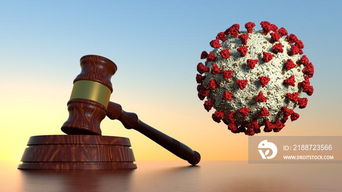 Gavel Law Hammer with Coronavirus Covid-19 3D illustration