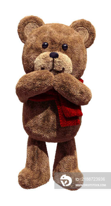 Cute teddy bear with a red scarf smiling. 3d illustration