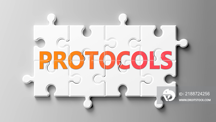 Protocols complex like a puzzle - pictured as word Protocols on a puzzle pieces to show that Protocols can be difficult and needs cooperating pieces that fit together, 3d illustration