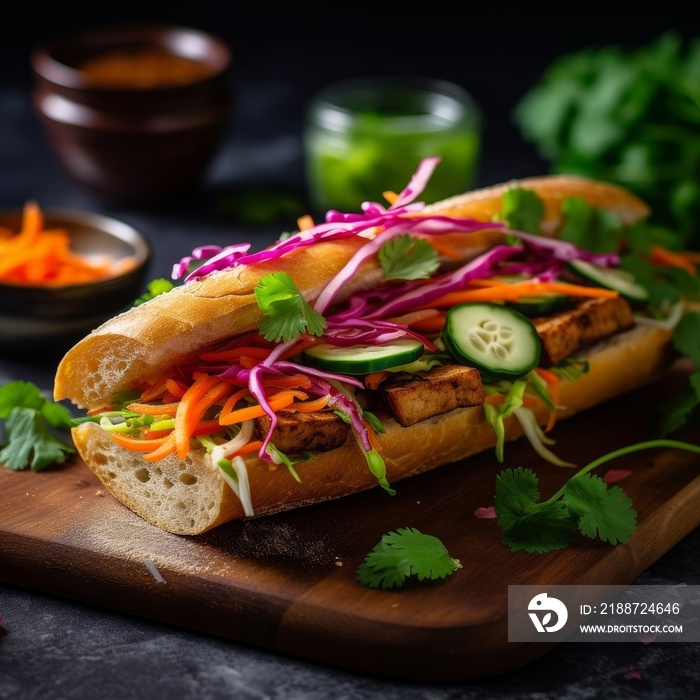 banh mi with tofu and a rainbow of crunchy vegetables