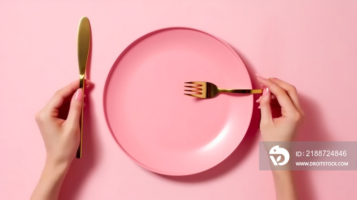 Woman with a fork, knife, and empty plate on pink background